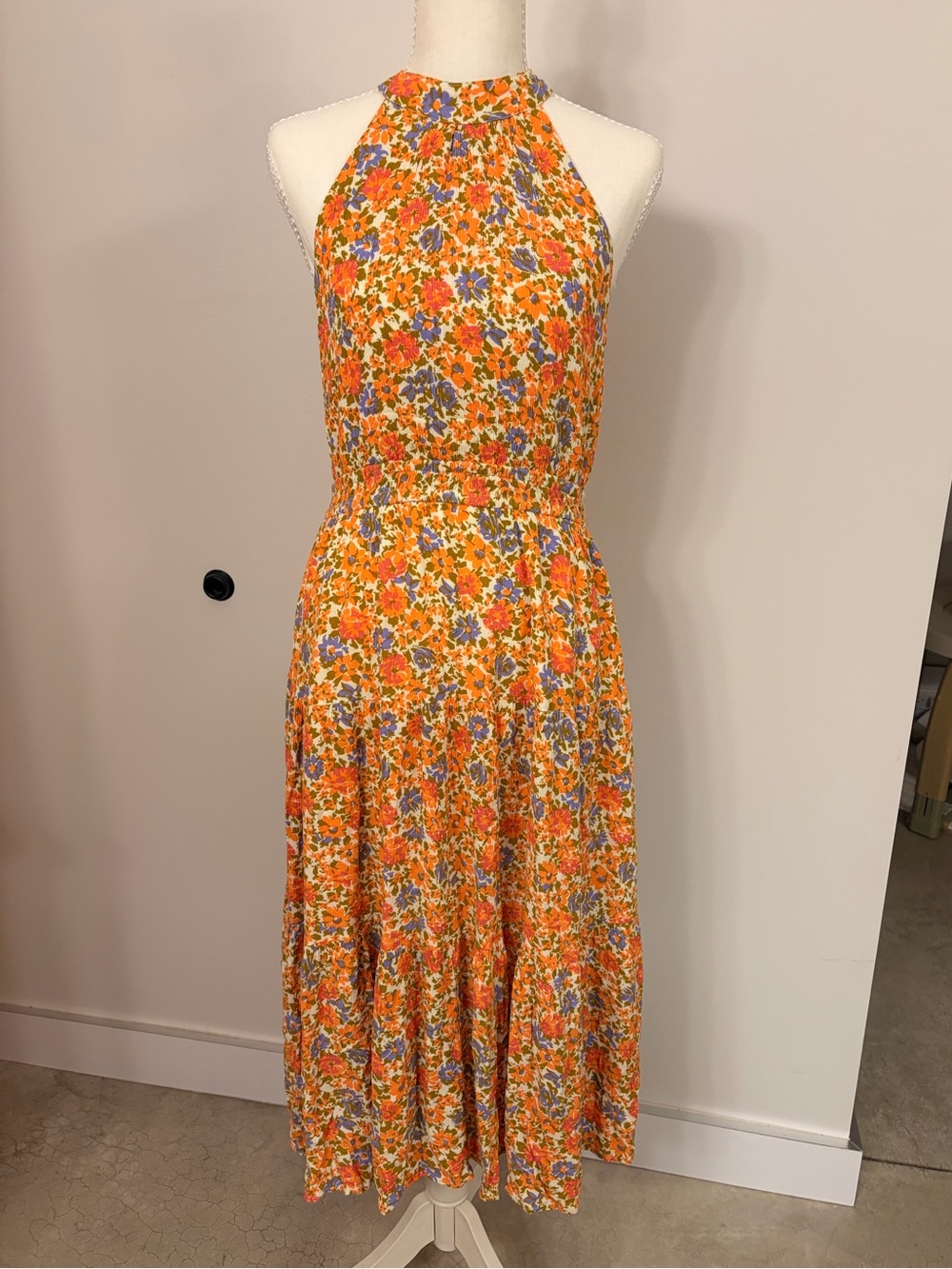 Lost + Wander Cream Floral tiered flowy maxi dress with Orange & Purple Blooms